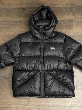 STÜSSY DOWN FILL MICRO RIPSTOP PUFFER BLACK HOODED PARKA XL